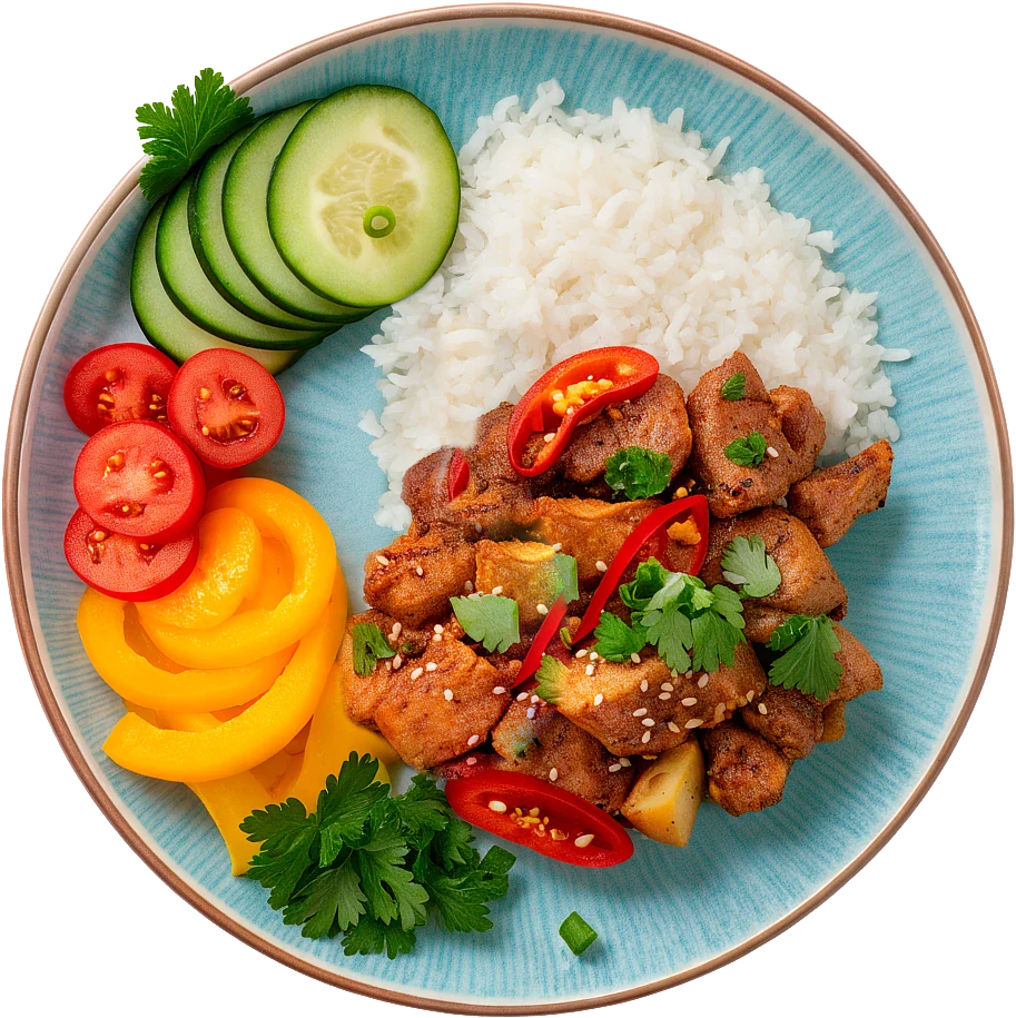 Plato con pollo salteado, arroz, pepino, tomate y pimiento