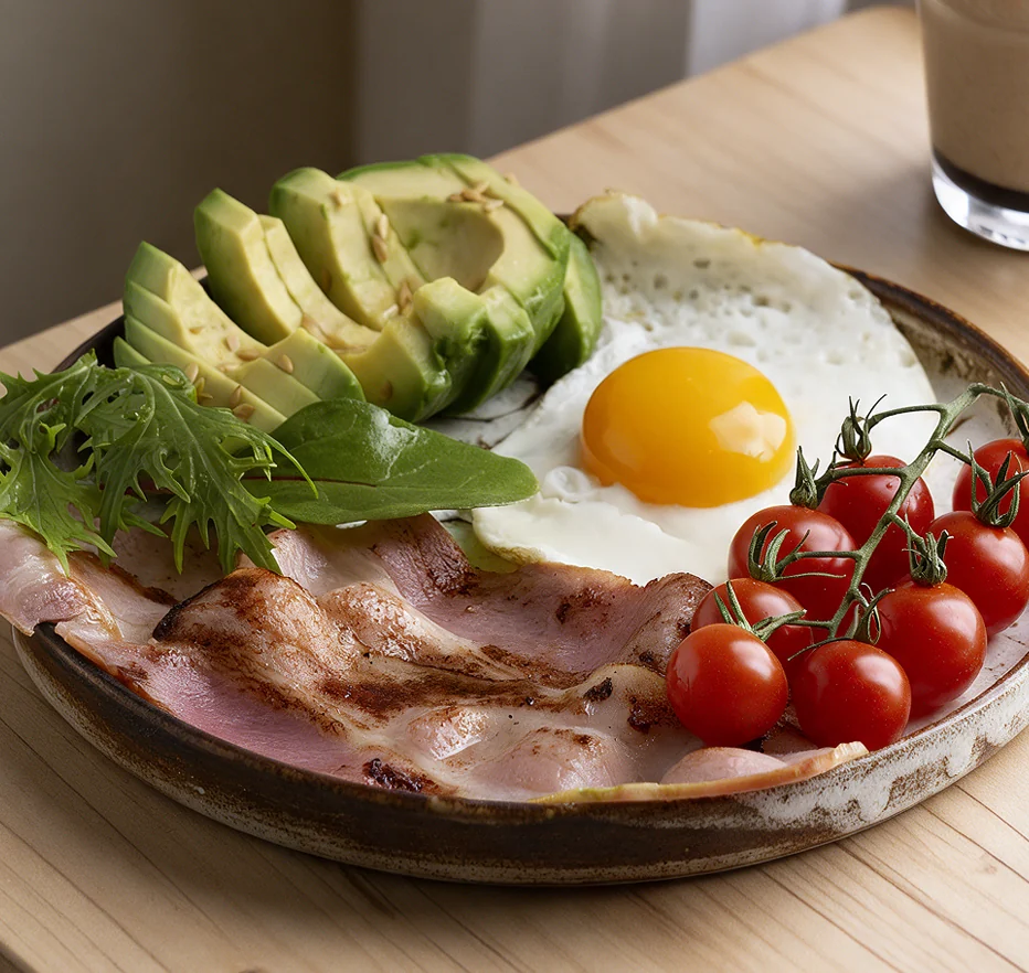Desayuno con huevo, aguacate, jamón y tomates cherry