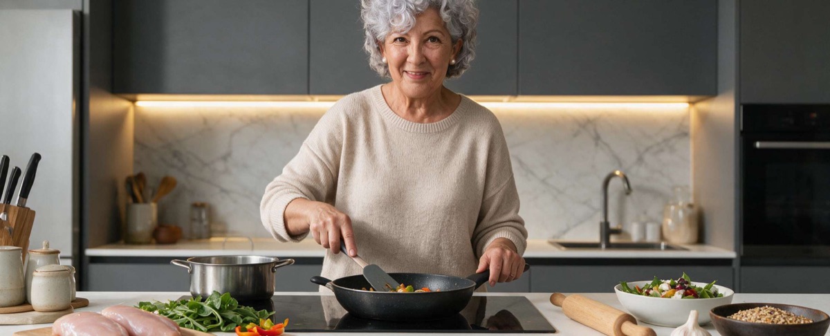 Adulta mayor cocinando en su cocina