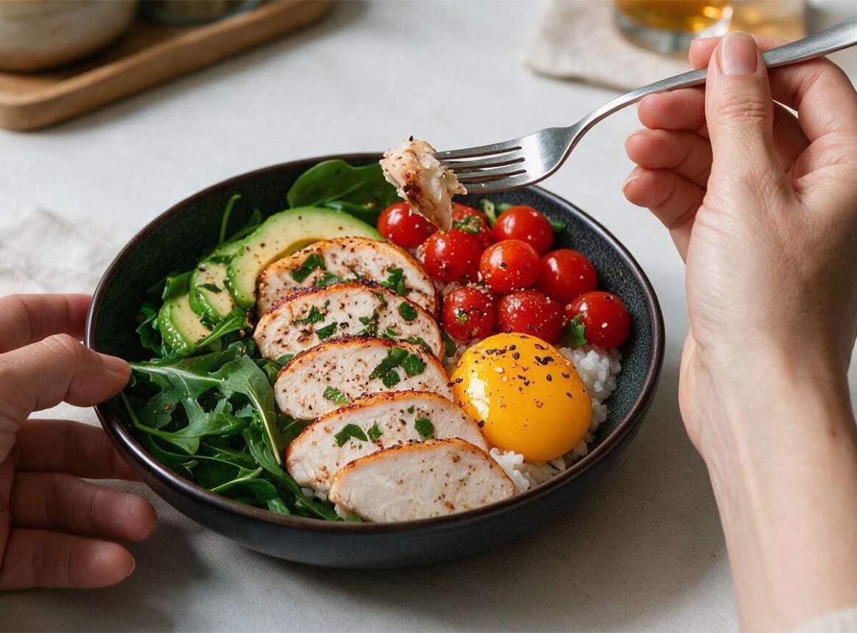 Manos sirviéndose un bowl con pollo, tomate y huevo