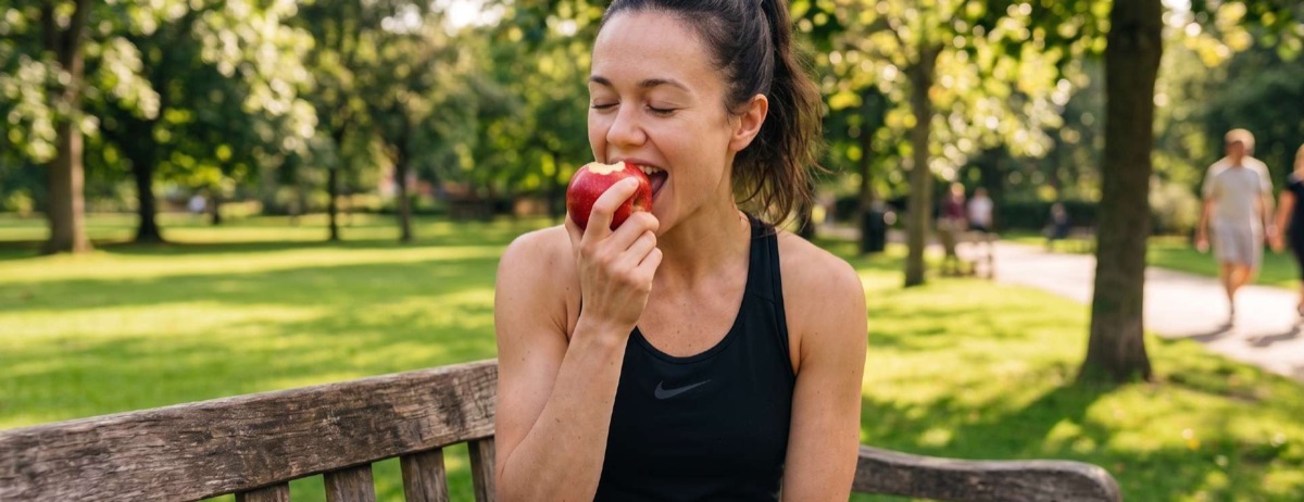 Mujer comiendo una manzana en el parque