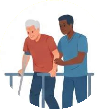 Ilustración: adulto mayor caminando con muletas acompañado por un terapeuta