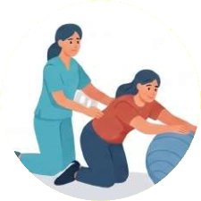 Ilustración: terapeuta asistiendo a una persona en ejercicios de equilibrio en el piso