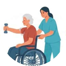 Ilustración: adulta mayor en silla de ruedas ejercitándose con mancuerna junto a una fisioterapeuta