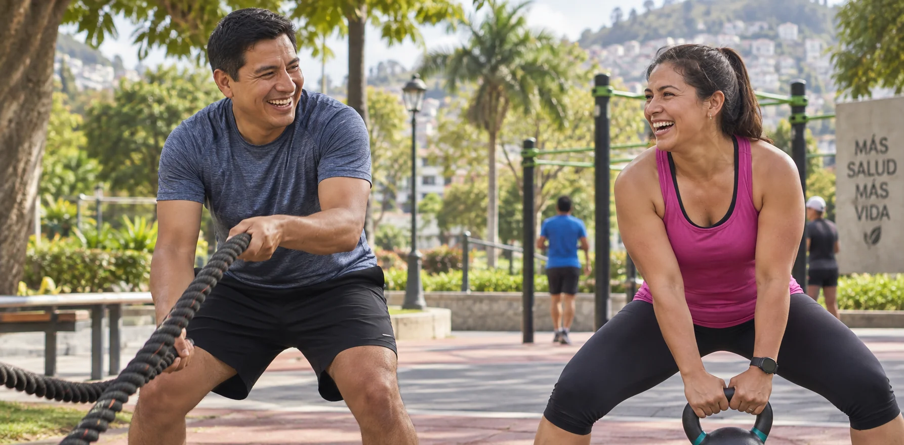 Hombre y mujer entrenando con cuerda de batalla y mancuerna en un parque