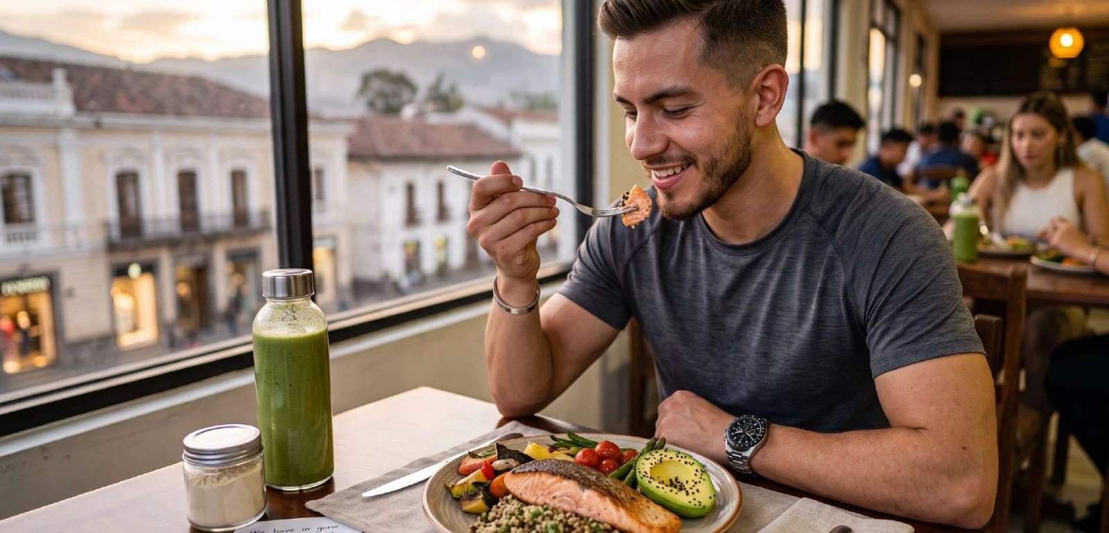Hombre comiendo un plato de salmón con vegetales junto a una ventana