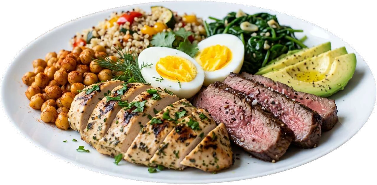 Plato con carne, pollo, huevo, garbanzos, aguacate y granos