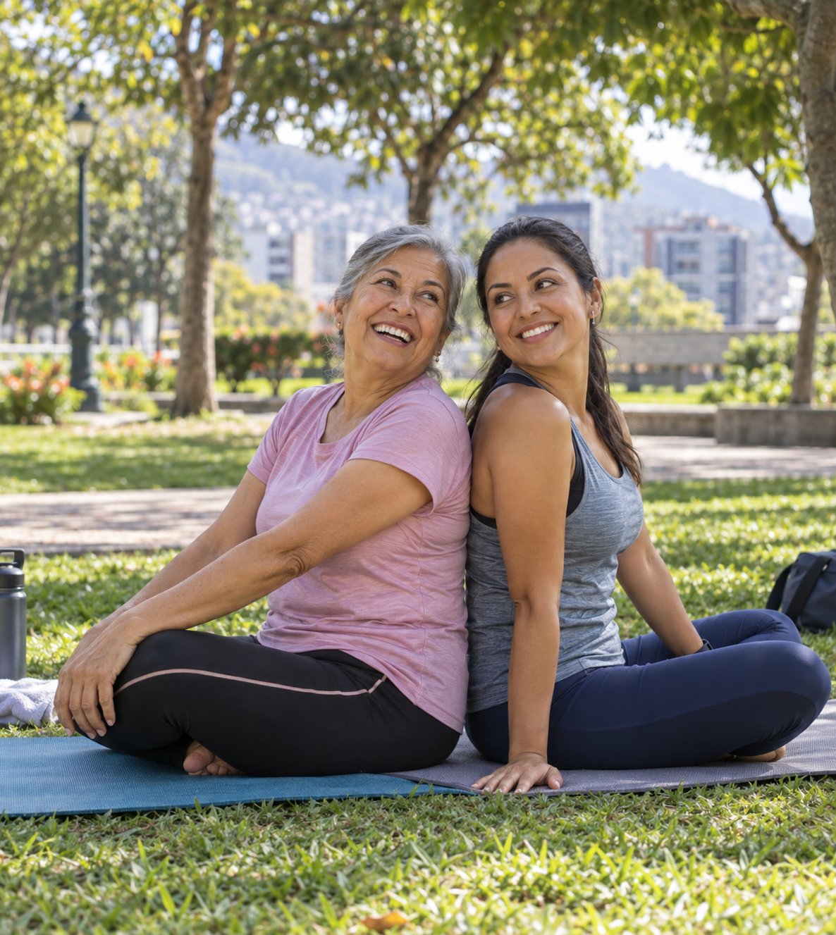 Dos mujeres sonriendo sentadas espalda con espalda sobre un mat