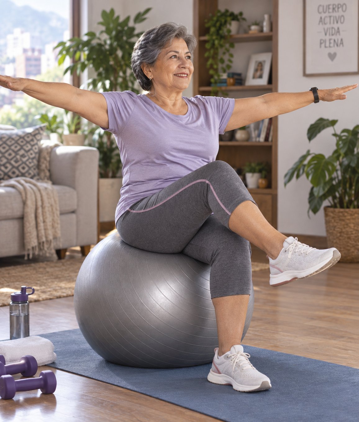 Mujer mayor ejercitando el equilibrio sobre un balón