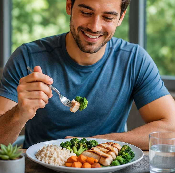 Hombre comiendo un plato con pollo, arroz, brócoli y zanahoria