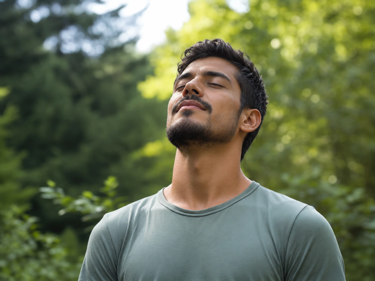 Hombre respirando con los ojos cerrados al aire libre, rodeado de árboles