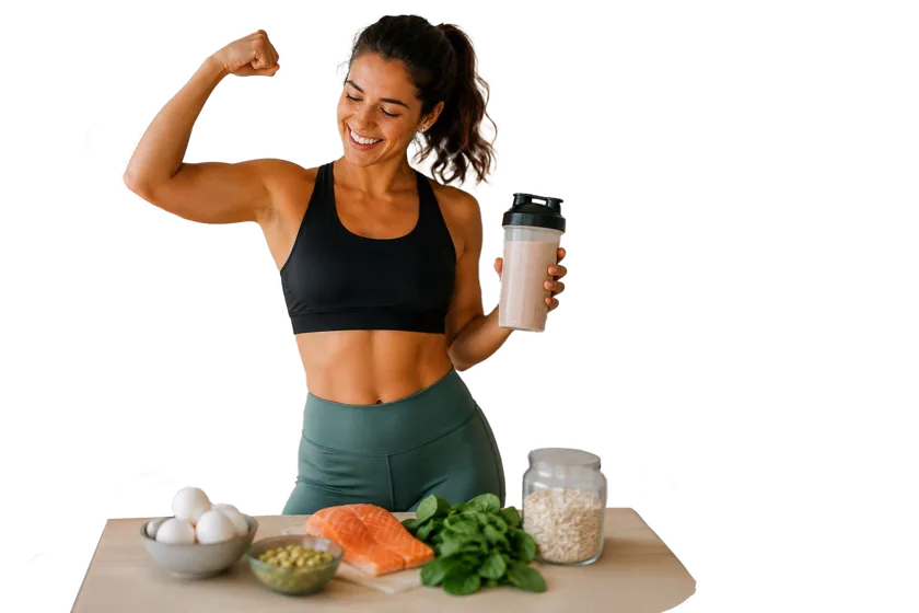 Mujer haciendo gesto de fuerza mientras sostiene un batido de proteína