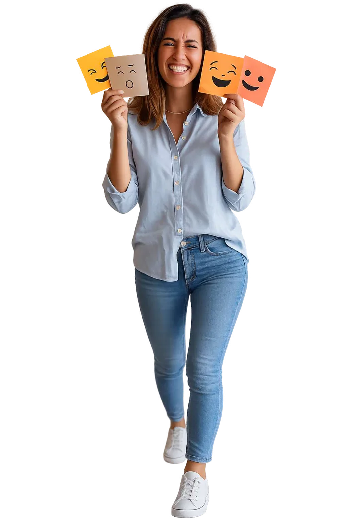 Mujer sonriendo mientras sostiene tarjetas con distintas expresiones de emociones