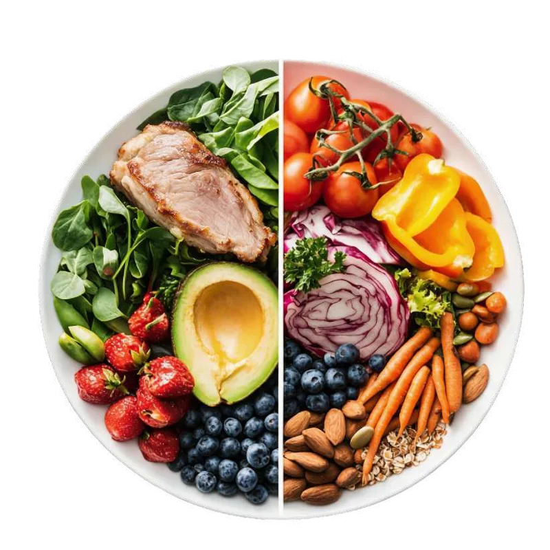 Plato dividido con proteína, vegetales, frutas y frutos secos