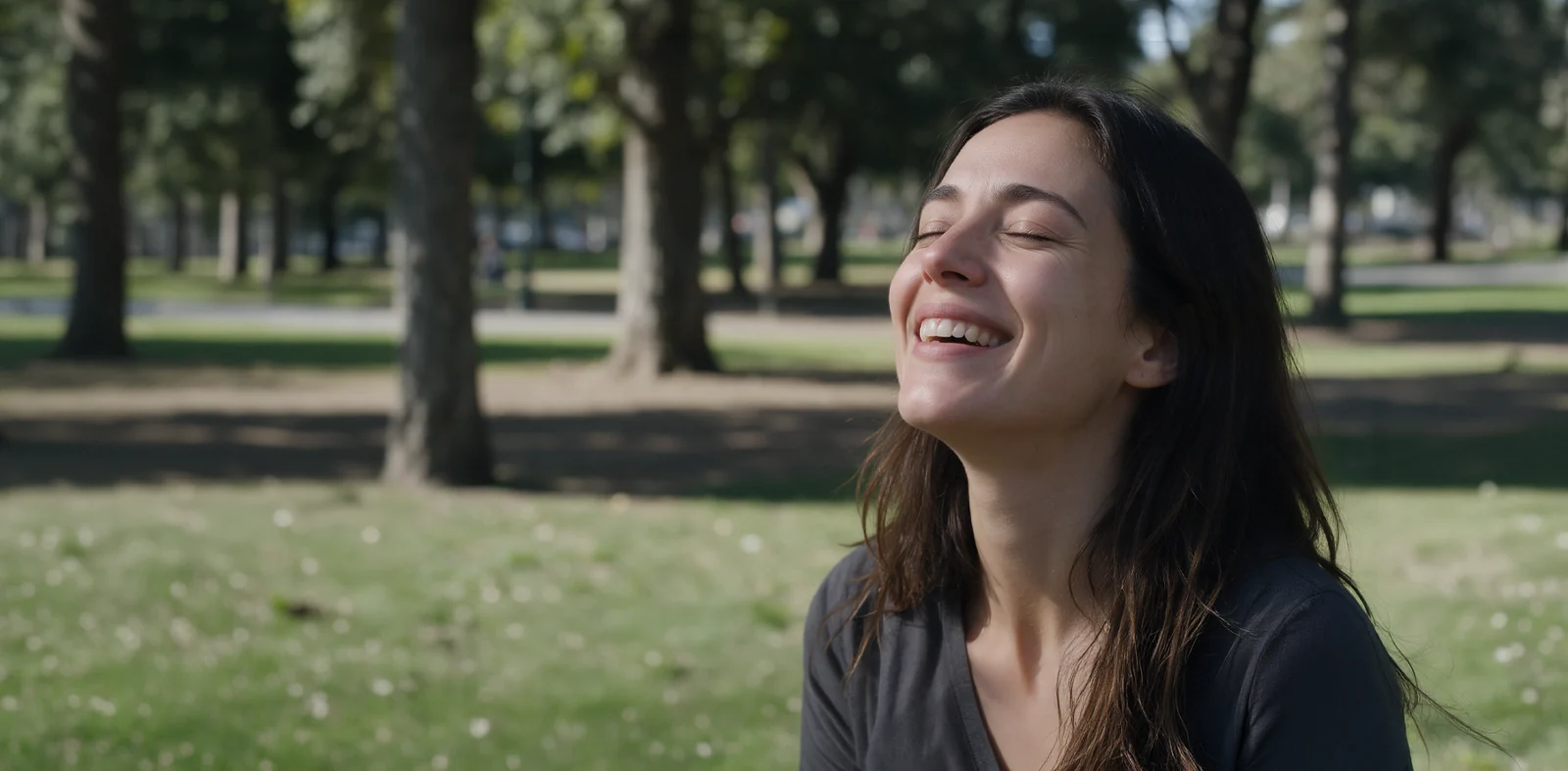 Mujer sonriendo con los ojos cerrados en un parque