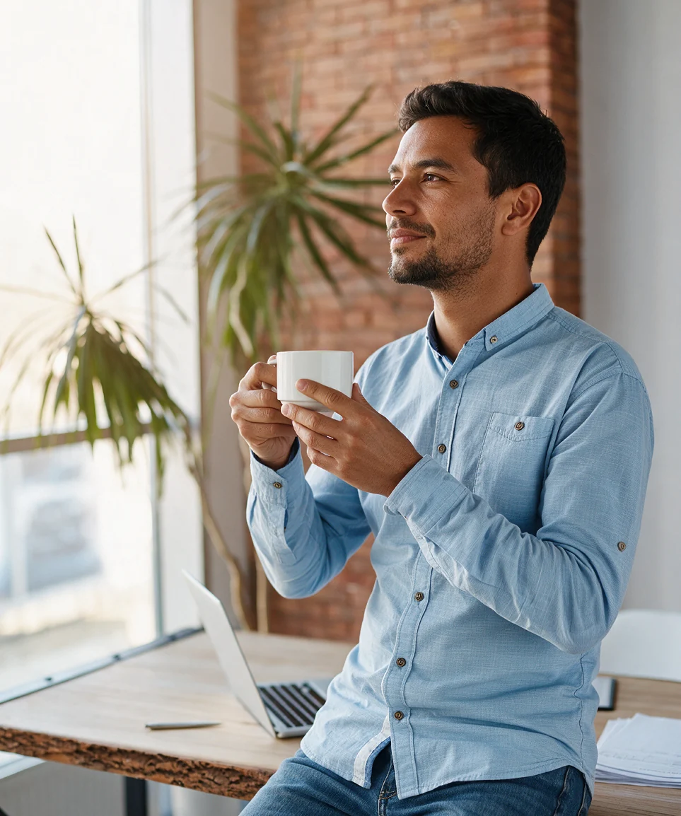 Hombre tomando una pausa con una taza de café