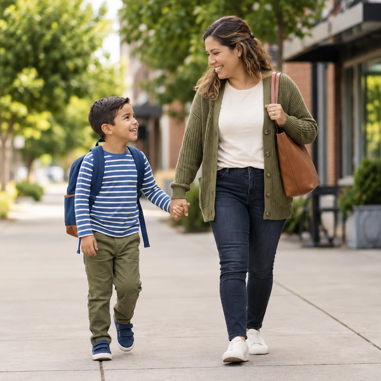 Madre e hijo caminando y conversando por la calle