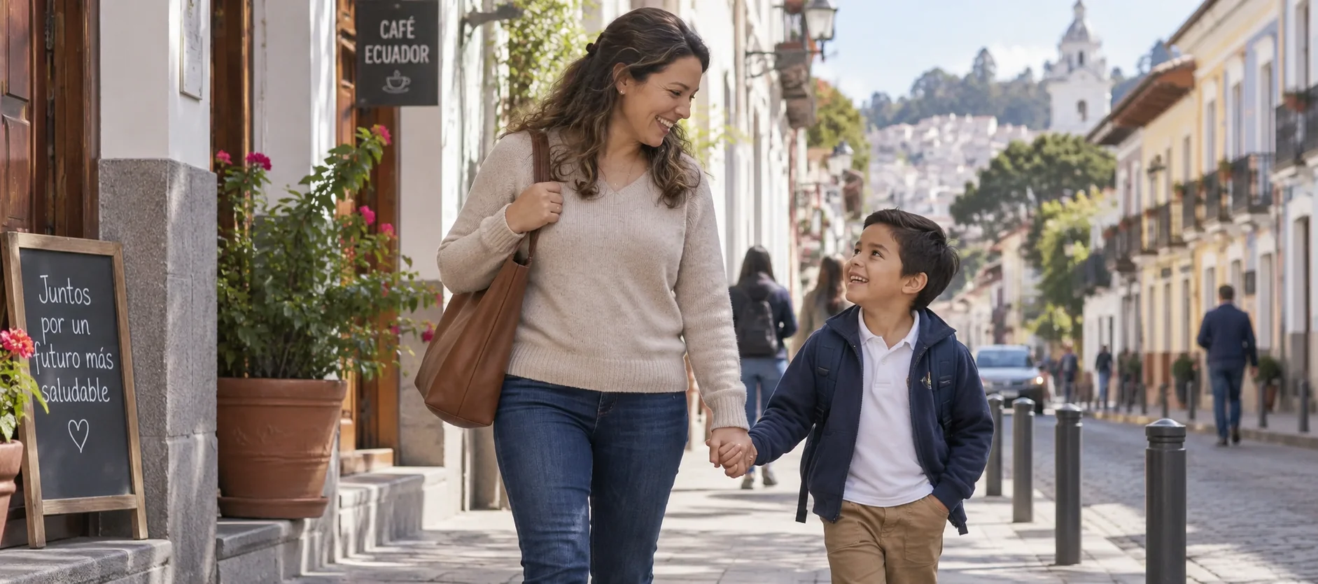 Madre e hijo caminando juntos de regreso a clases