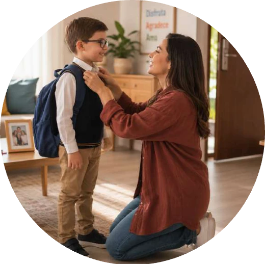 Madre ajustando el uniforme de su hijo antes de salir