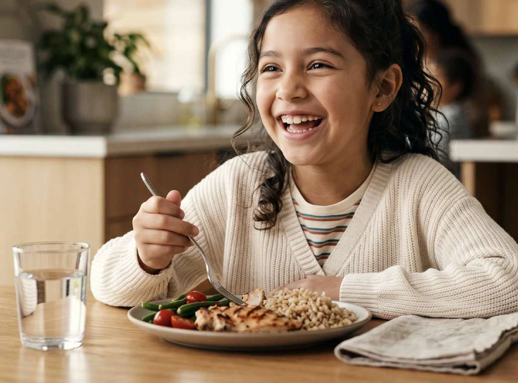 Niña sonriendo frente a un plato de comida balanceada