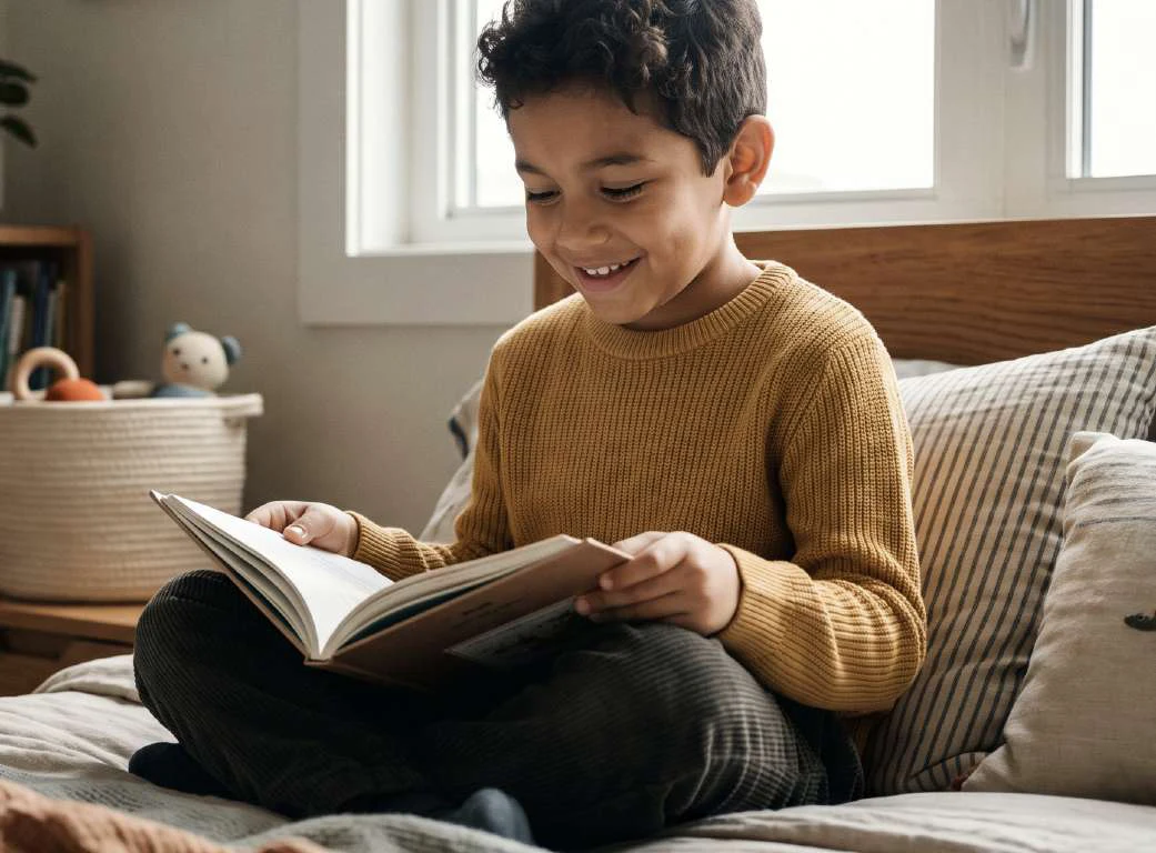 Niño leyendo un libro sentado en su cama