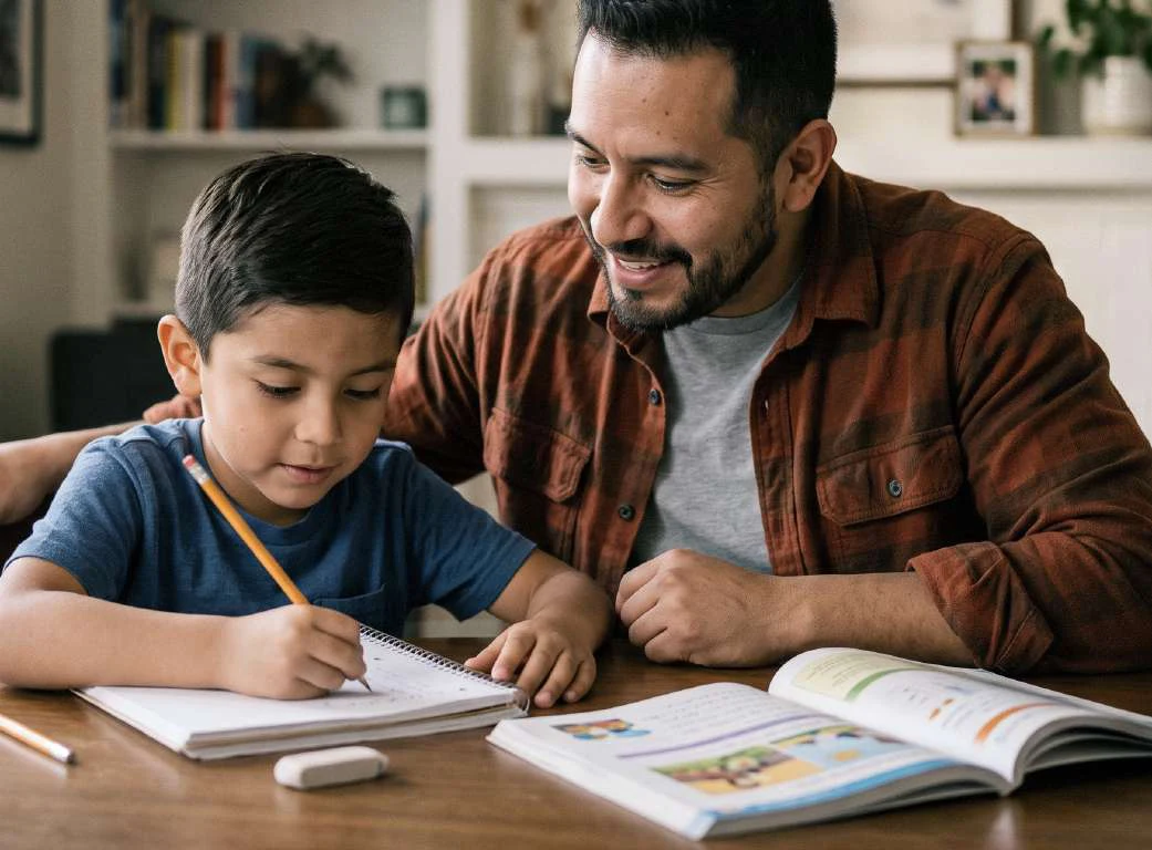 Padre acompañando a su hijo mientras hace la tarea